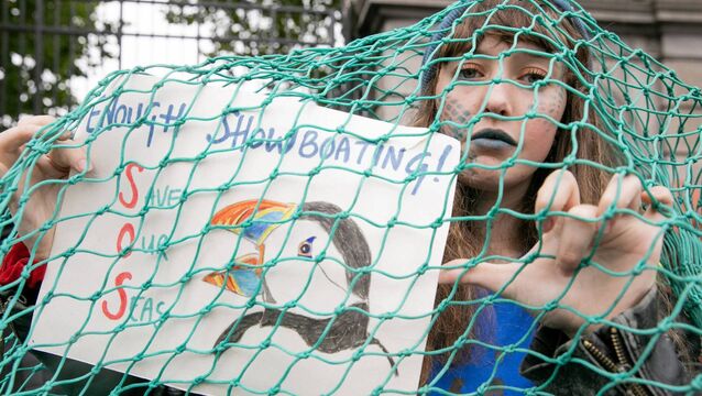 Flossie Donnelly from Dun Laoghaire during a rally led by Fair Seas outside Leinster House, Dublin, highlighting a lack of progress on the vital Marine Protected Areas (MPA) Bill. Photo: Gareth Chaney <p>Flossie Donnelly from Dun Laoghaire during a rally led by Fair Seas outside Leinster House, Dublin, highlighting a lack of progress on the vital Marine Protected Areas (MPA) Bill. Photo: Gareth Chaney </p>