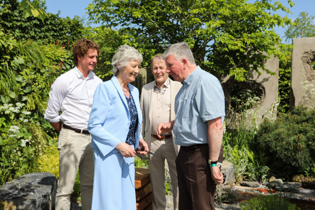 Joe Eustace, designer of the Future in Mind garden, President Catherine Connolly, Brian McEnery, and Professor Jim Lucey, Inspector of Mental Health Services. Joe Eustace, designer of the Future in Mind garden, President Catherine Connolly, Brian McEnery, and Professor Jim Lucey, Inspector of Mental Health Services.