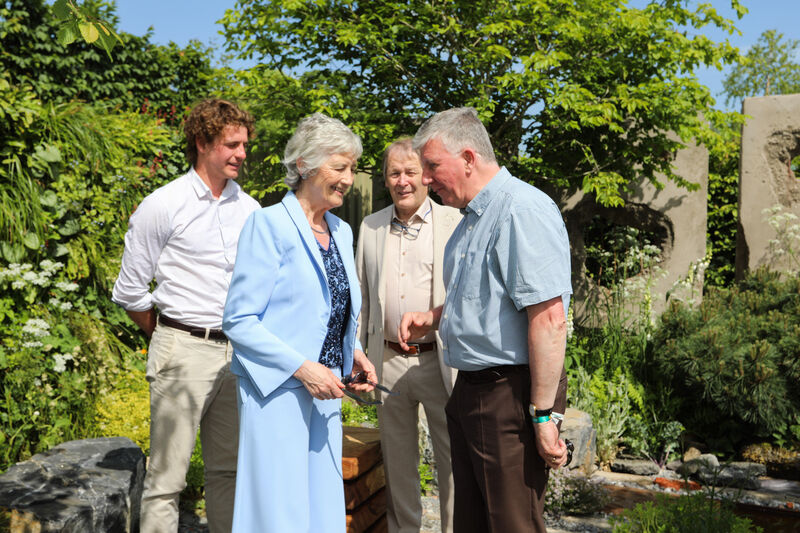 Joe Eustace, designer of the Future in Mind garden, President Catherine Connolly, Brian McEnery, and Professor Jim Lucey, Inspector of Mental Health Services. Joe Eustace, designer of the Future in Mind garden, President Catherine Connolly, Brian McEnery, and Professor Jim Lucey, Inspector of Mental Health Services.