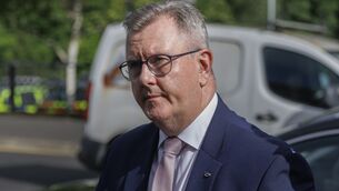 <p>Jeffrey Donaldson arriving at Newry Crown Court, where he and his wife Eleanor are accused of historical sexual offences. Picture: Liam McBurney/PA Wire</p>