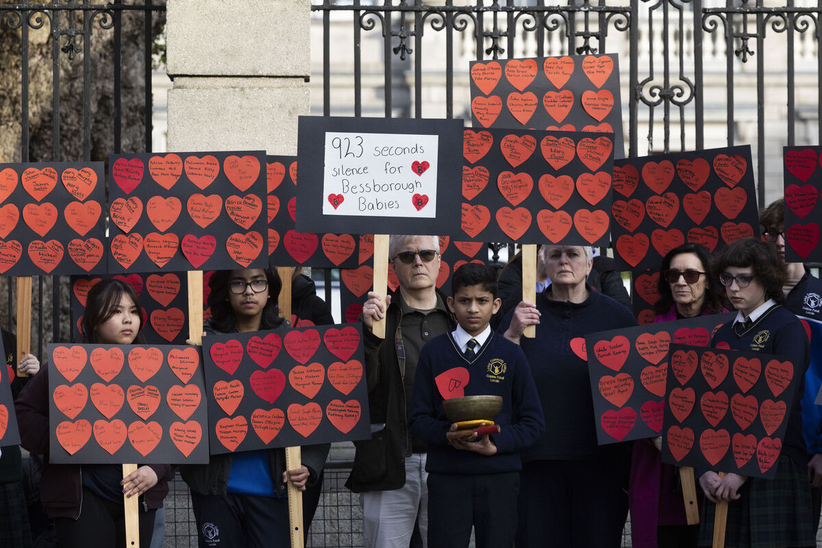 Students from Larkin Community College and survivors at a 15-minute silent protest outside Leinster House in March in remembrance of the children that died at Bessborough Mother Baby Home. Photo: Sam Boal/Collins Photos Students from Larkin Community College and survivors at a 15-minute silent protest outside Leinster House in March in remembrance of the children that died at Bessborough Mother Baby Home. Photo: Sam Boal/Collins Photos