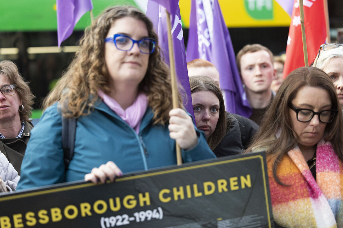 Protesters last March outside Leinster House demonstrating against the construction of residential apartments on the site of Bessborough Mother and Baby Home in Cork. Photo: Sam Boal/Collins Photos Protesters last March outside Leinster House demonstrating against the construction of residential apartments on the site of Bessborough Mother and Baby Home in Cork. Photo: Sam Boal/Collins Photos