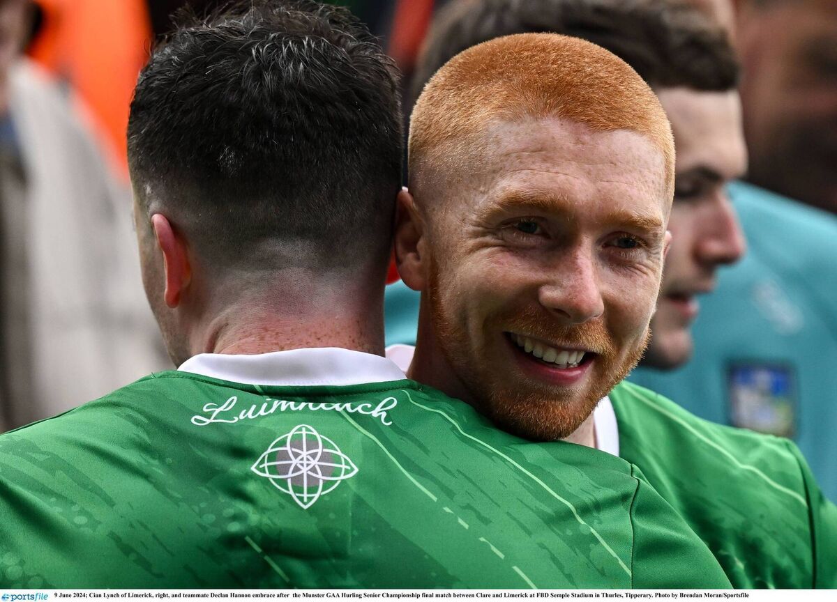 Cian Lynch embraces Declan Hannon after Limerick's victory over Clare in the 2024 Munster SHC final. Pic: Brendan Moran/Sportsfile Cian Lynch embraces Declan Hannon after Limerick's victory over Clare in the 2024 Munster SHC final. Pic: Brendan Moran/Sportsfile
