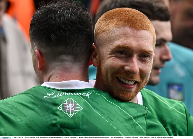 Cian Lynch embraces Declan Hannon after Limerick's victory over Clare in the 2024 Munster SHC final. Pic: Brendan Moran/Sportsfile