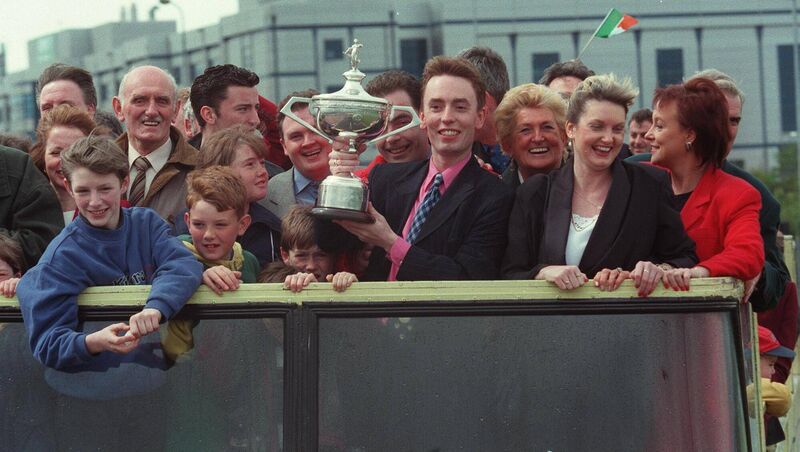 Ken Doherty with family and friends on an open top bus tour of Dublin following his victory at the 1997 World Snooker Championship. Pic: INPHO Ken Doherty with family and friends on an open top bus tour of Dublin following his victory at the 1997 World Snooker Championship. Pic: INPHO
