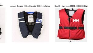 <p>Some of the recalled Helly Hansen buoyancy aids and life jackets. The company urged customers to stop using the devices 'immediately'.</p>