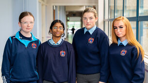 <p>Making history, from left, third year students Alana Ford, Achsa Jacob, Skye O’Donoghue and Lucy Power who are beginning their Junior Cert at the North Monastery secondary school in today, making them the first girls to sit state exams at the school since it became a co-education school three years ago. Picture: Noel Sweeney</p>