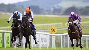 <p>POETRY IN MOTION: Poetic Sound and Colin Keane win the Sky Bet Race To The Ebor Handicap at the Curragh on Wednesday.  	Picture: Healy Racing</p>