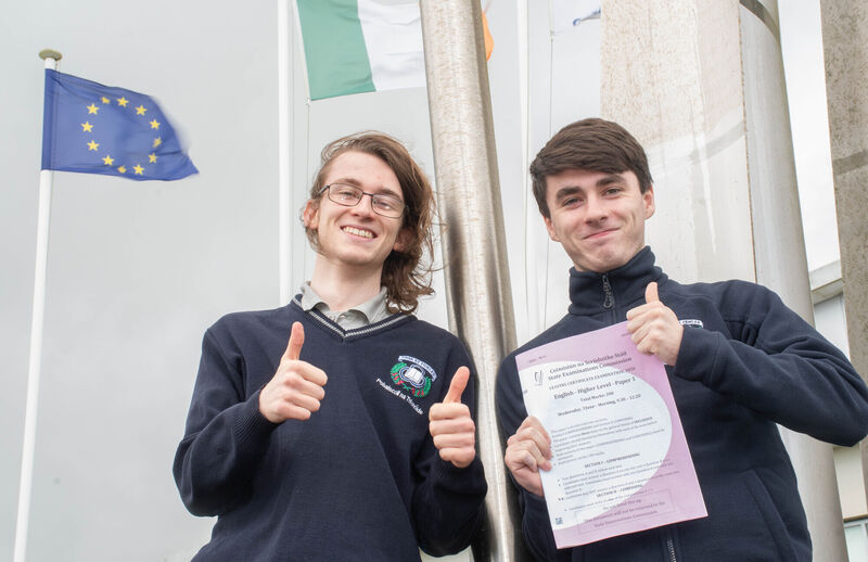 Davin O'Regan and Cormac Murphy giving the thumbs-up after Leaving Certificate English Paper 1 Higher Level in Pobalscoil na Tríonóide, Youghal, Co Cork. Picture: Howard Crowdy Davin O'Regan and Cormac Murphy giving the thumbs-up after Leaving Certificate English Paper 1 Higher Level in Pobalscoil na Tríonóide, Youghal, Co Cork. Picture: Howard Crowdy