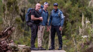 <p>Ray Goggins, Jay Duffy and Keith Duffy in the Rwenzori Mountains in Uganda. Picture: RTE.</p>