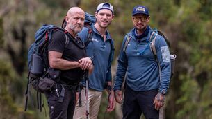 <p>Ray Goggins, Jay Duffy and Keith Duffy in the Rwenzori Mountains in Uganda. Picture: RTE.</p>