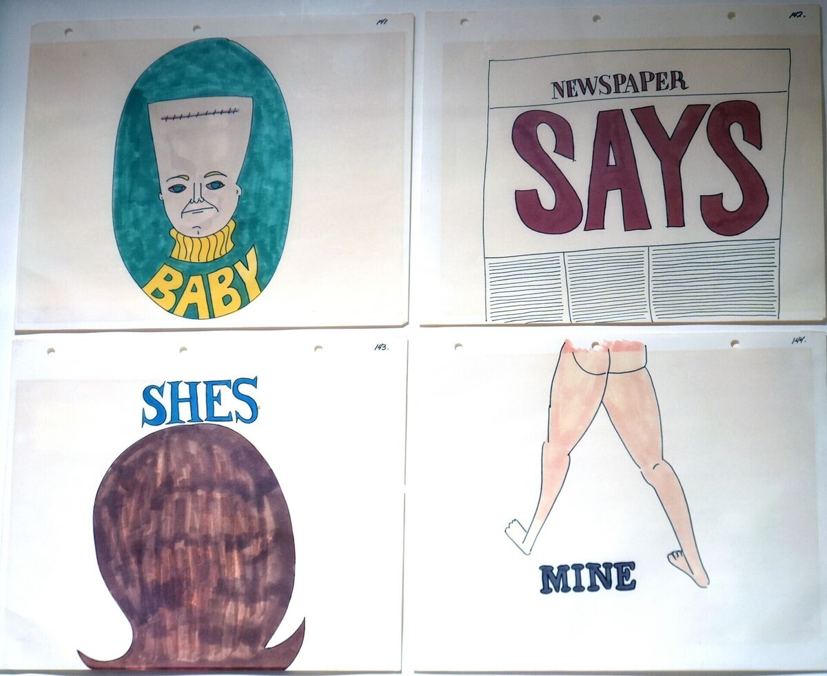 The drawings on display show the lines 'baby says she’s mine' and 'in love with her' as well as two singular artworks for the words 'and' and 'I'.