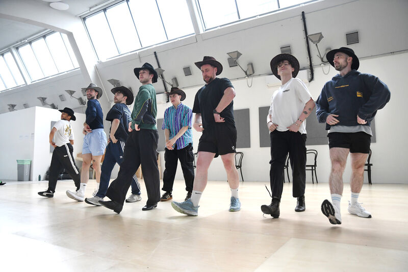 Some of the male cast of the Bord Gáis Energy Theatre's in-house production of Rodgers &amp; Hammerstein's Oklahoma! in rehearsals at the Digital Hub in Thomas St. Picture: Moya Nolan