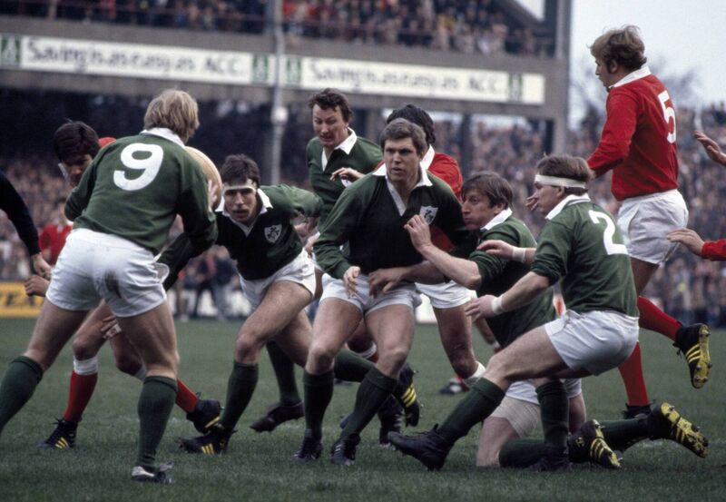 Fergus Slattery of Ireland (centre) passes to Robbie McGrath (9) with Mike Kiernan and Ciaran Fitzgerald (2) in support against Wales in 1982. Picture: Mike Brett/Popperfoto/Getty Images
