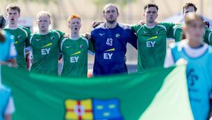 <p>The Irish hockey team line up for the national anthem. Picture: Worldsportpics/Rodrigo Jaramillo</p>