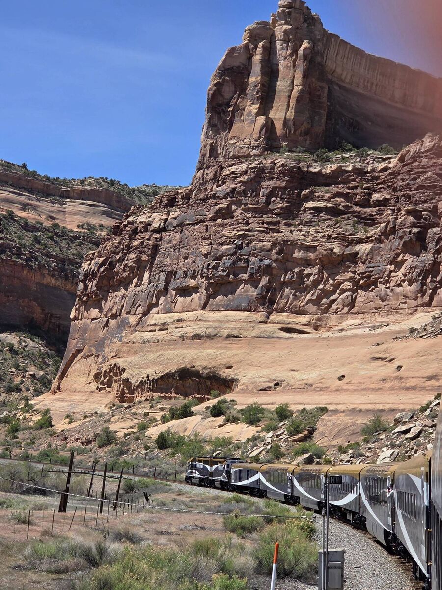 Red Rocks stacks tower over the railway route Red Rocks stacks tower over the railway route