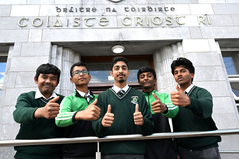  Junior Certificate pupils Abidur, Jerome, Alen, Geetharaj and Pranav were happy after the Irish and Geography examinations at Coláiste Chriost Rí, Capwell Road, Cork on Thursday.  Picture: Larry Cummins