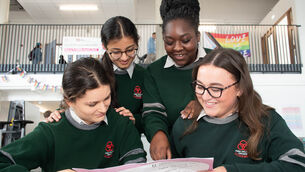 <p>Wiktoria Gowel, Yvette Ehouman, Shravani Patil, and Aoibhinn O'Regan going through the Leaving Certificate English Paper 2 questions in St Colemans Community College in Midleton. Picture: Howard Crowdy</p>