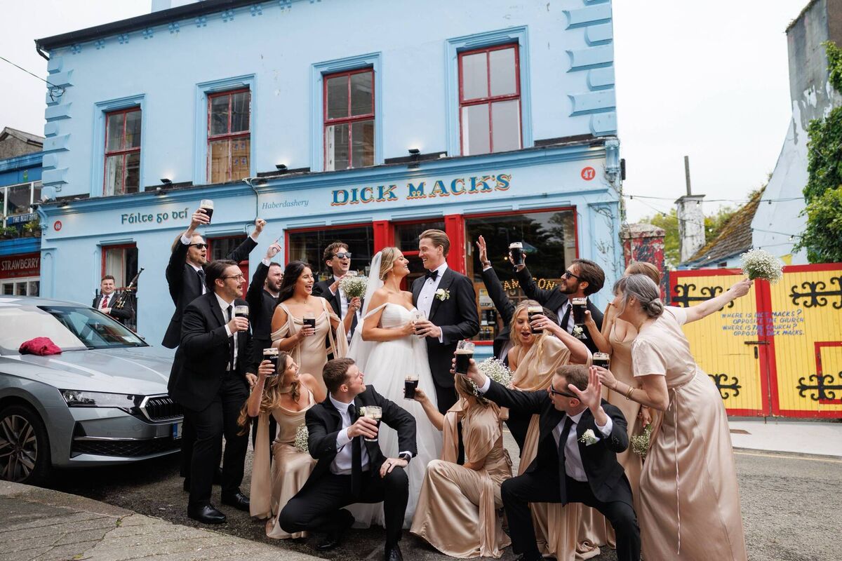 Olivia Buschini and Liam Doherty with their wedding party. Pictures: Padraig Healy Wedding Photography
