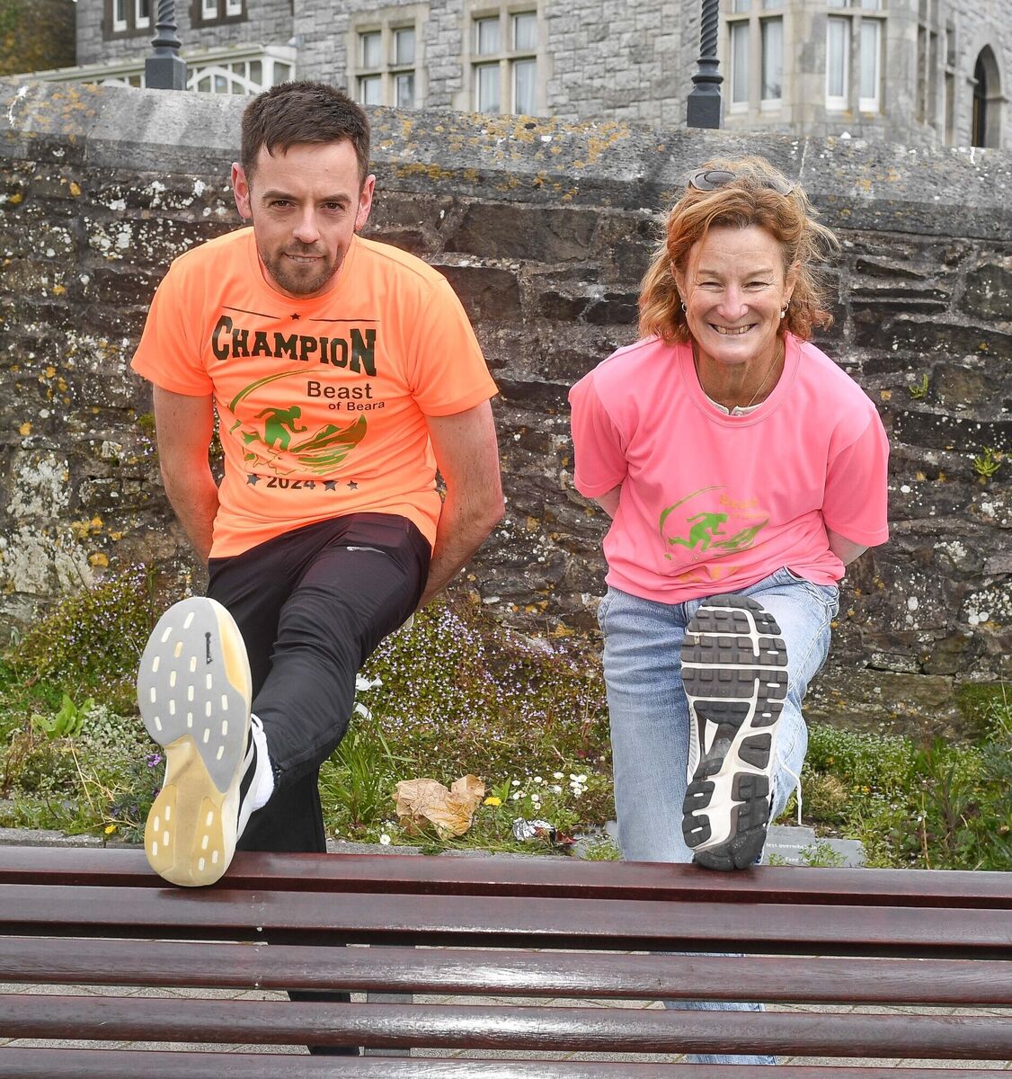 STRETCH: Sonia O'Sullivan and Michael Bruton limber up for July climbs. Pic: David Keane. STRETCH: Sonia O'Sullivan and Michael Bruton limber up for July climbs. Pic: David Keane.