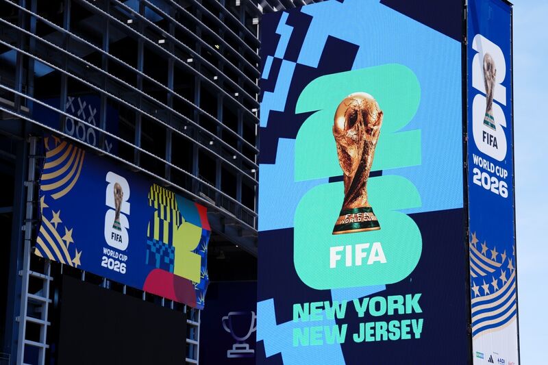 FIFA World Cup sign at the New York New Jersey Stadium in the US. Photo: Andrew Milligan/PA