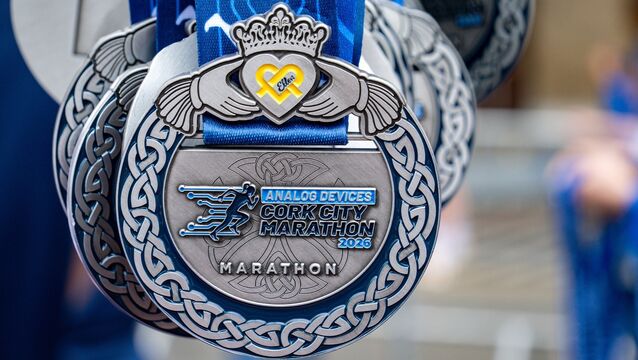 The name Ellen, written inside a yellow heart, appeared on all 2026 Analog Devices Cork City Marathon finisher medals. Picture: Chani Anderson <p>The name Ellen, written inside a yellow heart, appeared on all 2026 Analog Devices Cork City Marathon finisher medals. Picture: Chani Anderson</p>