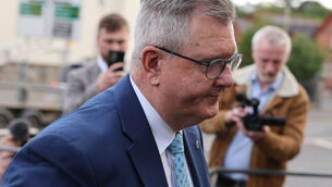 <p>Jeffrey Donaldson arriving at Newry Crown Court, where he and his wife Lady Eleanor Donaldson are accused of historical sexual offences (Damien Eagers/PA)</p>