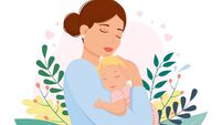 Young mother holds her son with care and love. Happy Mothers Day concept with mom and small girl. Vector illustration. Modern fl