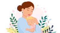 Young mother holds her son with care and love. Happy Mothers Day concept with mom and small girl. Vector illustration. Modern fl