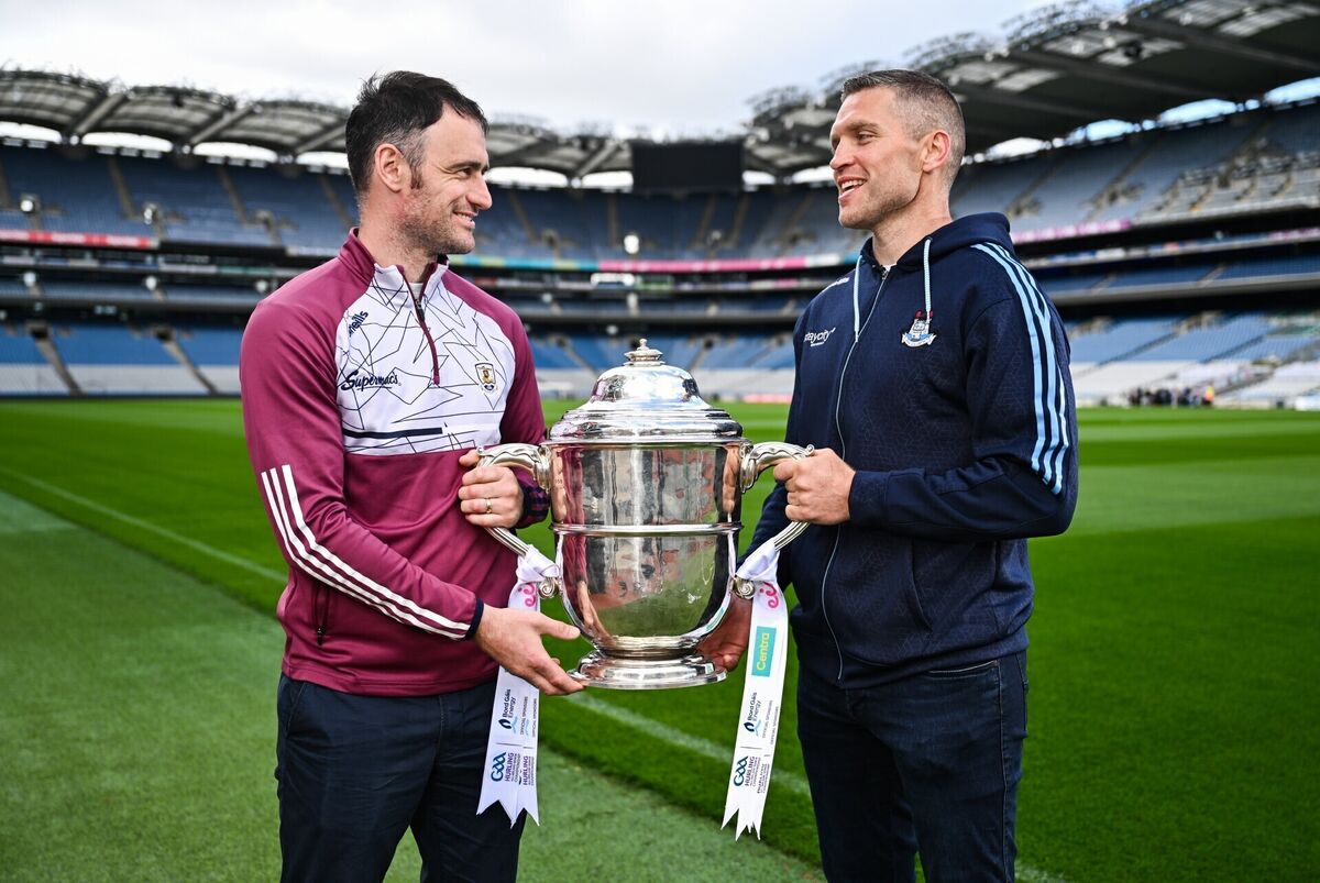 Former Galway hurler David Burke and former Dublin hurler Conal Keaney with the Bob O'Keeffe Cup at a media event at Croke Park. Pic: Ben McShane/Sportsfile.