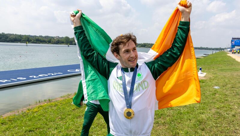 Paul O'Donovan celebrates with his gold medal at the Paris 2024 Olympic Games Picture: INPHO/Morgan Treacy Paul O'Donovan celebrates with his gold medal at the Paris 2024 Olympic Games Picture: INPHO/Morgan Treacy