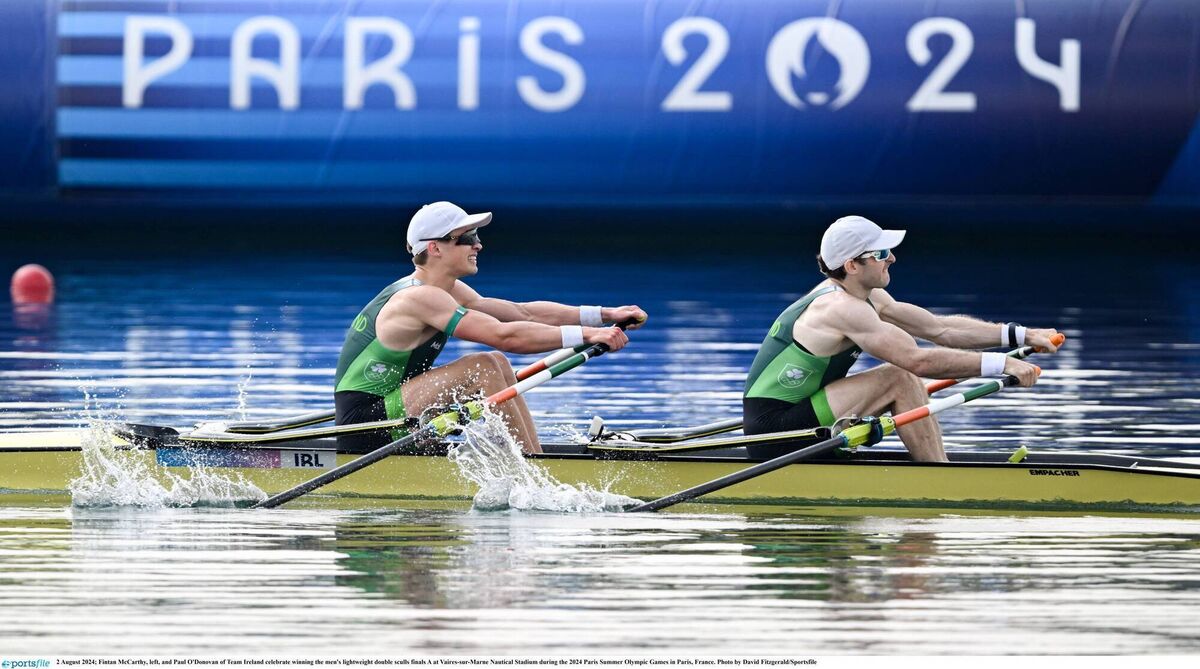 Fintan McCarthy, left, and Paul O'Donovan of Team Ireland celebrate winning the men's lightweight double sculls finals A at Vaires-sur-Marne Nautical Stadium during the 2024 Paris Summer Olympic Games in Paris, France. Picture: David Fitzgerald/Sportsfile