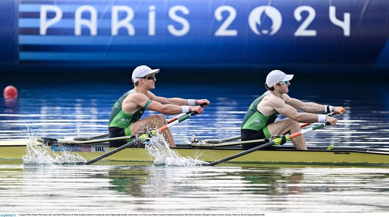 Fintan McCarthy, left, and Paul O'Donovan of Team Ireland celebrate winning the men's lightweight double sculls finals A at Vaires-sur-Marne Nautical Stadium during the 2024 Paris Summer Olympic Games in Paris, France. Picture: David Fitzgerald/Sportsfile Fintan McCarthy, left, and Paul O'Donovan of Team Ireland celebrate winning the men's lightweight double sculls finals A at Vaires-sur-Marne Nautical Stadium during the 2024 Paris Summer Olympic Games in Paris, France. Picture: David Fitzgerald/Sportsfile