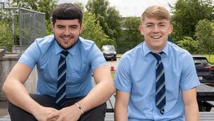 <p>Josh Ó Gabháin and Lúcas Ó Murthile who sat Leaving Cert Maths Paper 1 today at Gaelcholáiste Mhuire AG. Picture: Noel Sweeney</p>