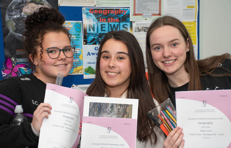 Sophie Comerford, Elia Deriu, and Emma Jane O'Sullivan who sat their Leaving Certificate Higher Level Geography exam in Carrigtwohill Community College. Picture: Howard Crowdy Sophie Comerford, Elia Deriu, and Emma Jane O'Sullivan who sat their Leaving Certificate Higher Level Geography exam in Carrigtwohill Community College. Picture: Howard Crowdy