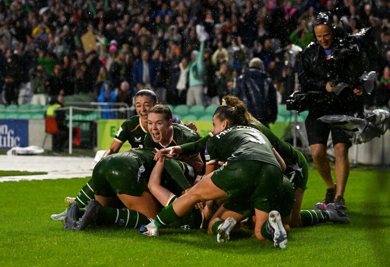 Amber Barrett hidden, celebrates with teammates. Pic: Stephen McCarthy/Sportsfile Amber Barrett hidden, celebrates with teammates. Pic: Stephen McCarthy/Sportsfile