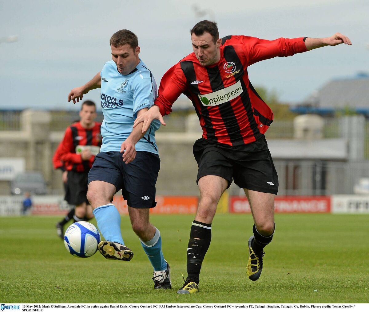 Then Cherry Orchard FC player Daniel Ennis, right, in action against Avondale FC's Mark O'Sullivan during their FAI Umbro Intermediate Cup clash at Tallaght Stadium, Dublin, in May 2012. Picture: Tomas Greally/Sportsfile