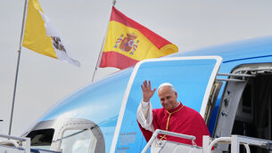 Pope Leo XIV arrives at Madrid’s Adolfo Suarez International Airport (Alessandra Tarantino/AP)