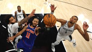 <p>JUMPIN' JALEN: New York's Jalen Brunson drives to the board between San Antonio's Julian Champagnie and Victor Wembanyama in Game Two of the 2026 NBA Finals in San Antonio, Texas. Pic: Gregory Shamus/Getty Images</p>