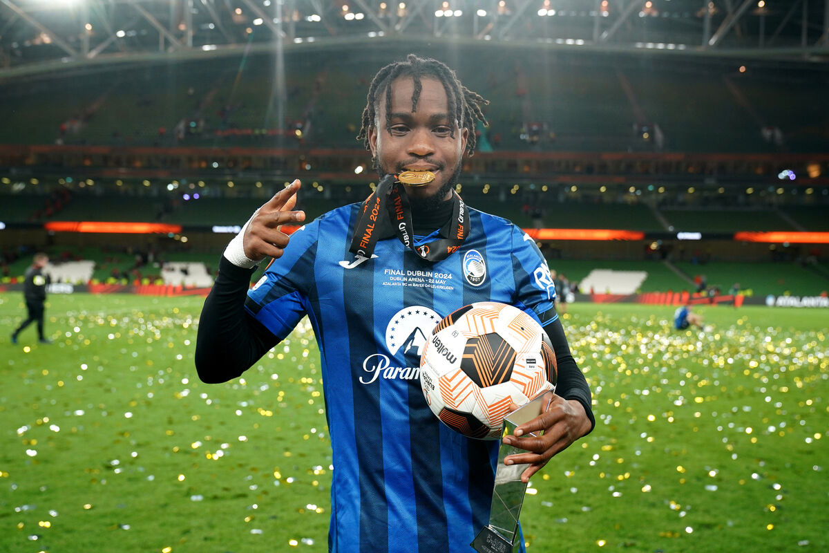 Ademola Lookman celebrates his hat-trick for Atalanta in the 2024 UEFA Europa League final. Ademola Lookman celebrates his hat-trick for Atalanta in the 2024 UEFA Europa League final.