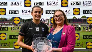 <p>TREBLE: Aimee Mackin of Armagh receives the Player of the Match award from LGFA President, Trina Murray. Pic: Tyler Miller/Sportsfile</p> <p>TREBLE: Aimee Mackin of Armagh receives the Player of the Match award from LGFA President, Trina Murray. Pic: Tyler Miller/Sportsfile</p>