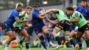 <p>HEAVY TRAFFIC: DHL Stormers' Evan Roos tackles Leinster's Caelan Doris. Pic: INPHO/Ben Brady</p>