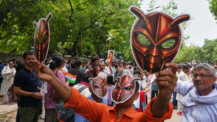Supporters wear and display cockroach masks during a protest in New Delhi, India (Manish Swarup/AP)