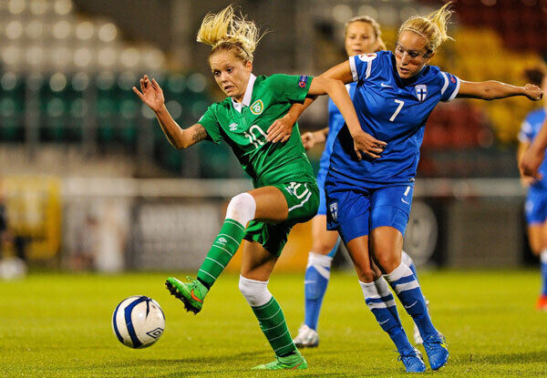 Denise O'Sullivan, Republic of Ireland, in action against Annika Kukkonen, Finland. Denise O'Sullivan, Republic of Ireland, in action against Annika Kukkonen, Finland.