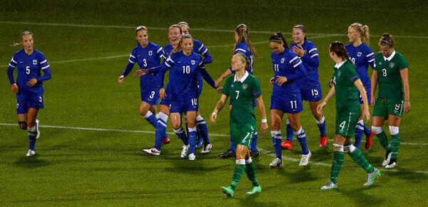 Finland celebrate their second goal scored by Katri Mattsson of Finland. Credit ©INPHO/Donall Farmer Finland celebrate their second goal scored by Katri Mattsson of Finland. Credit ©INPHO/Donall Farmer