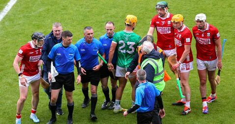 James Owens with Cork players after the final whistle 7/6/2026