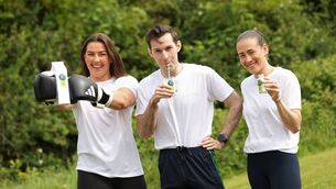 <p>Lisa O’Rourke, amateur boxer; Paul O'Donovan, Olympic rower; and Róisín Ní Ríain, Paralympic swimmer, at the launch of the National Dairy Council and Sport Ireland Institute's new three-year partnership.</p>
