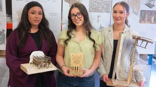 <p>(Left to right) Architecture students Anna Cochran, Grace Corrigan, and Lena Abdulrahem were named overall winners at the Forest Industries Ireland Future Timber Design Awards on Friday.</p>
