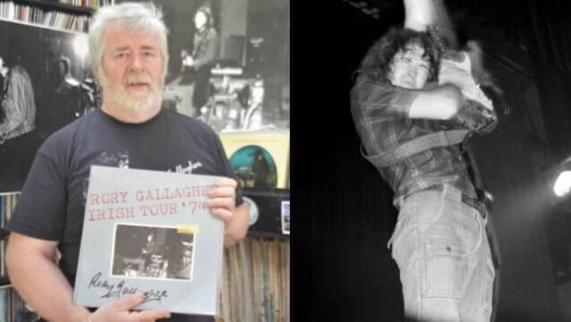 <p>Pat Galvin holding a signed copy of the Irish Tour '74 album; right, one of the images of Rory Gallagher he took in Cork City Hall on that tour. </p>