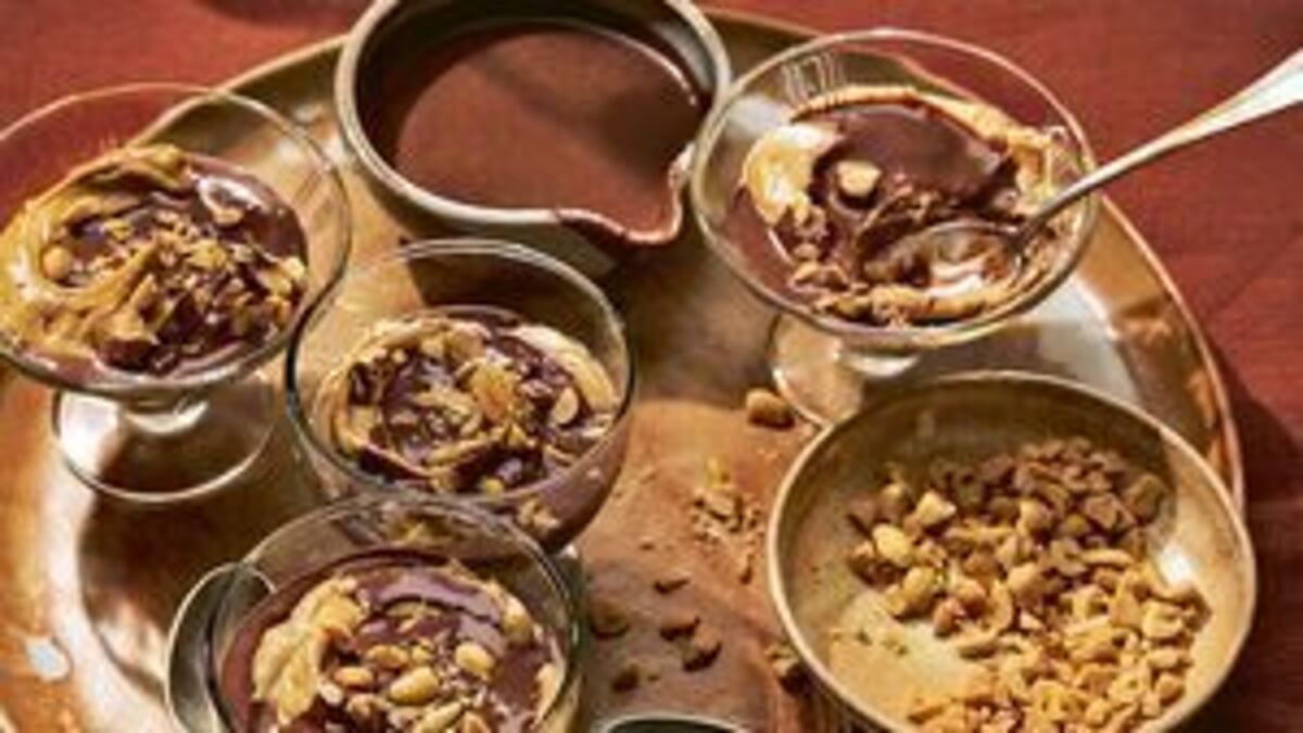 Honey & Co’s Peanut Butter Mousse with Salted Peanuts and Chocolate Sauce